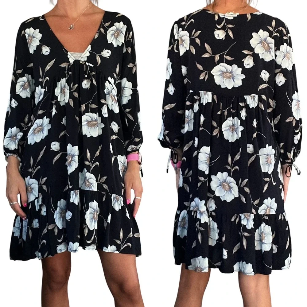 Entro Women L Navy Blue Floral Print 3/4 Tie Sleeve V Neck Ruffle Hem Dress Boho